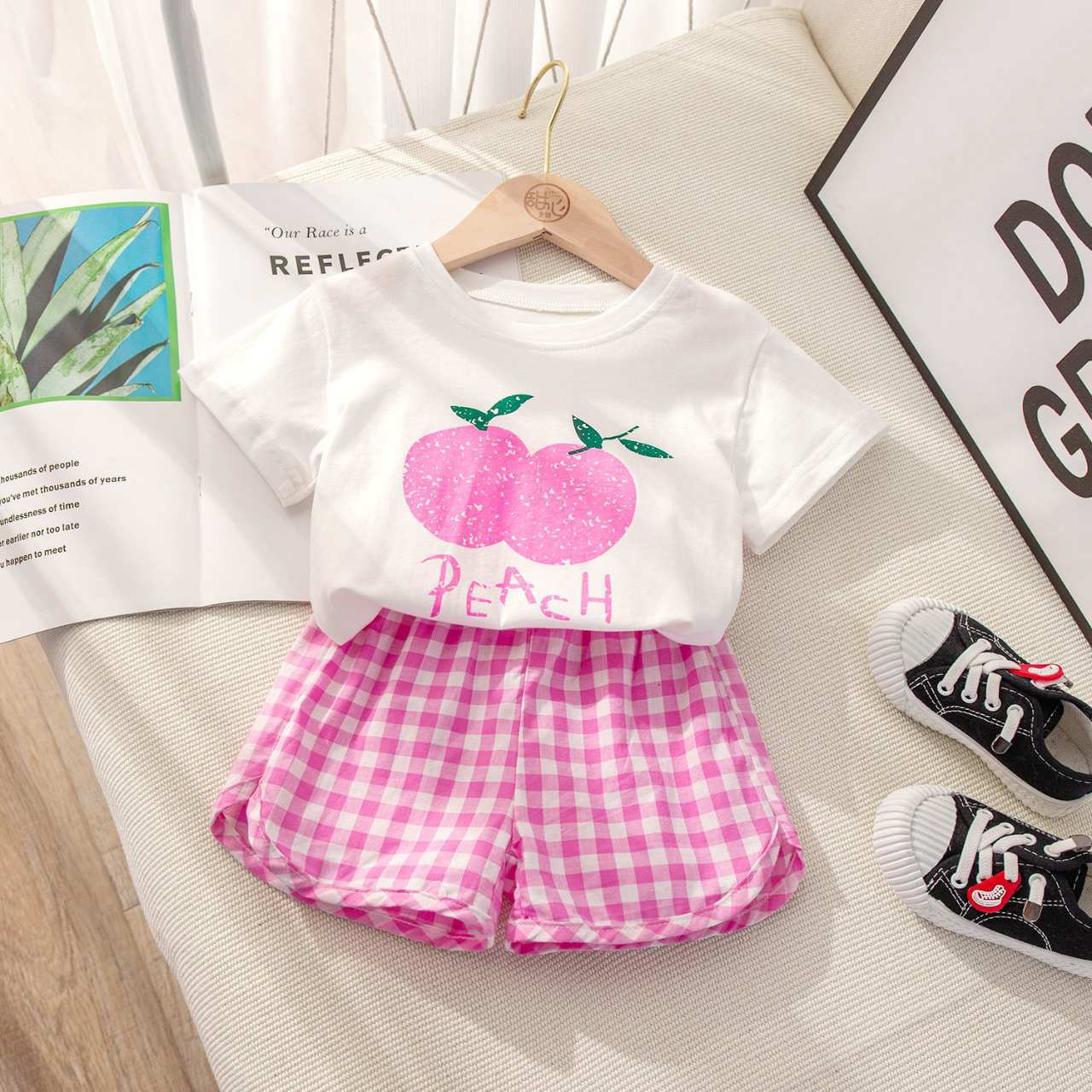 2023 New Korean Style Fruit Plaid Two-Piece Children's Suit Summer Boys and Girls Baby Short Sleeve Shorts Baby Clothes