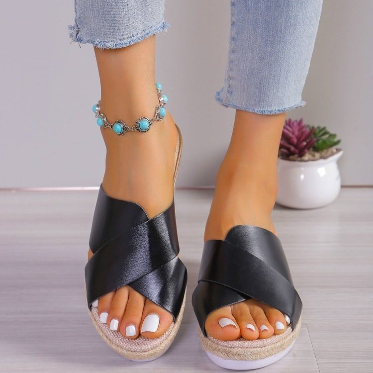 外贸坡跟厚底凉拖鞋女2024夏季新款外穿时尚鱼嘴休闲一字拖鞋女43