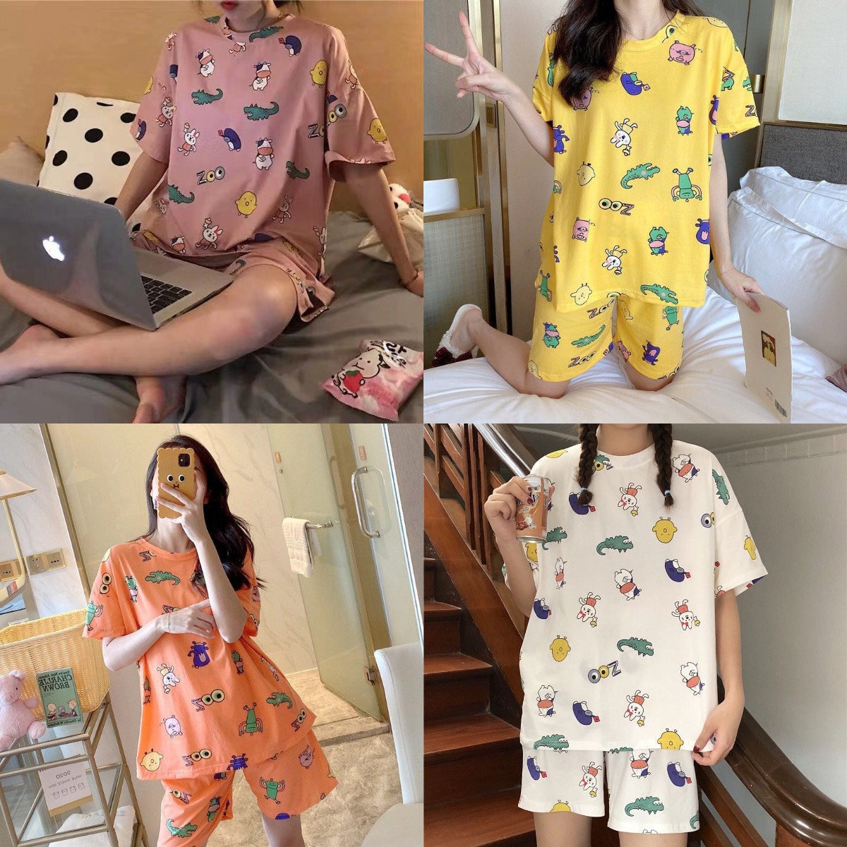 睡衣女夏短袖短裤大码宽松卡通圆领休闲家居服套装跨境东南亚批发