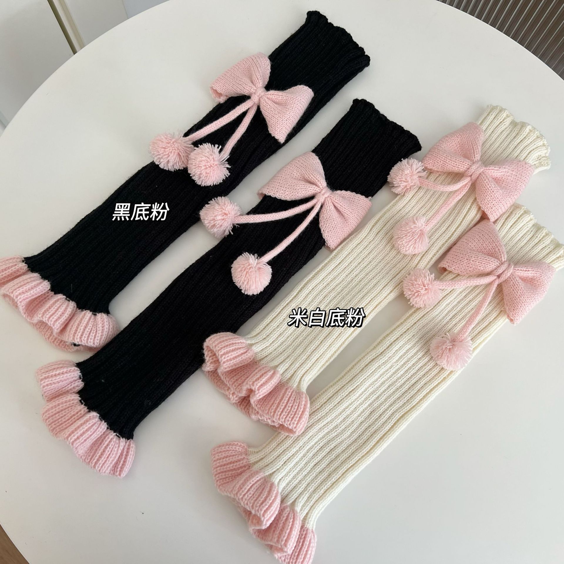 Chinese Red New Year Socks Christmas Leg Warmer Cute Bow Girl Hairy Ball Lace Color Matching Knitted Warm Foot Sock