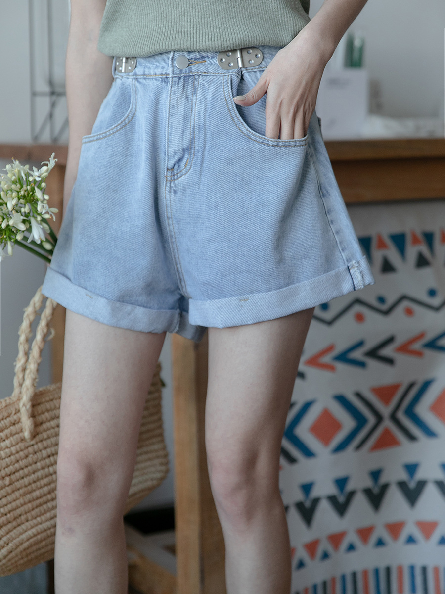 蓝色牛仔短裤女2022年春季新款复古休闲宽松阔腿高腰a字显瘦裤子