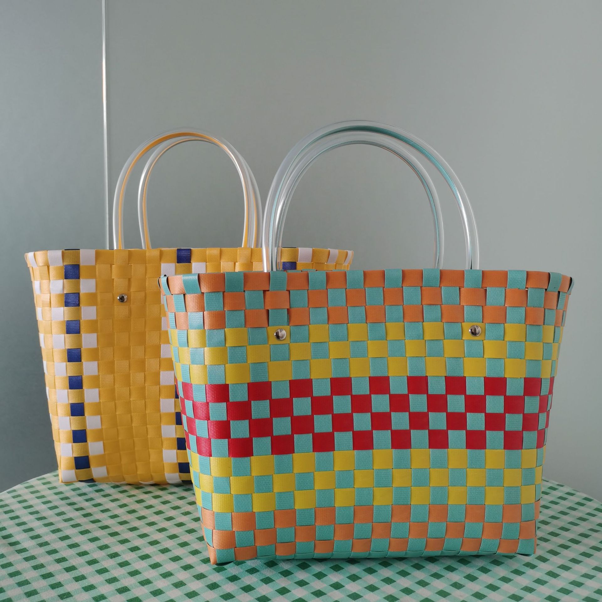 Wholesale Handmade Plastic Woven Bag Six-Color Hand Basket Striped Plaid Women's Shoulder Bag Color Hand Basket