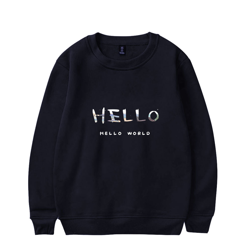 hello world 2022春季新款黑色圆领套头长袖运动卫衣女装可印logo