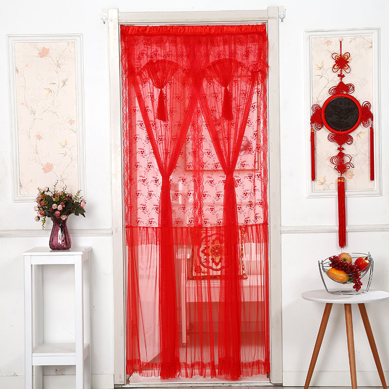 卧室婚房婚庆大红门帘蕾丝绣花布艺喜庆结婚门帘防蚊隔断半挂帘子