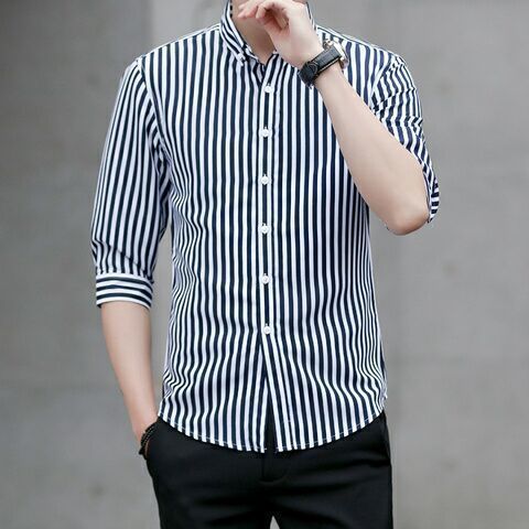 Summer New Men's Short Sleeve Shirt Half Sleeve Striped Slim Fit Shirt Korean Style Handsome Half Sleeve Shirt Half Sleeve