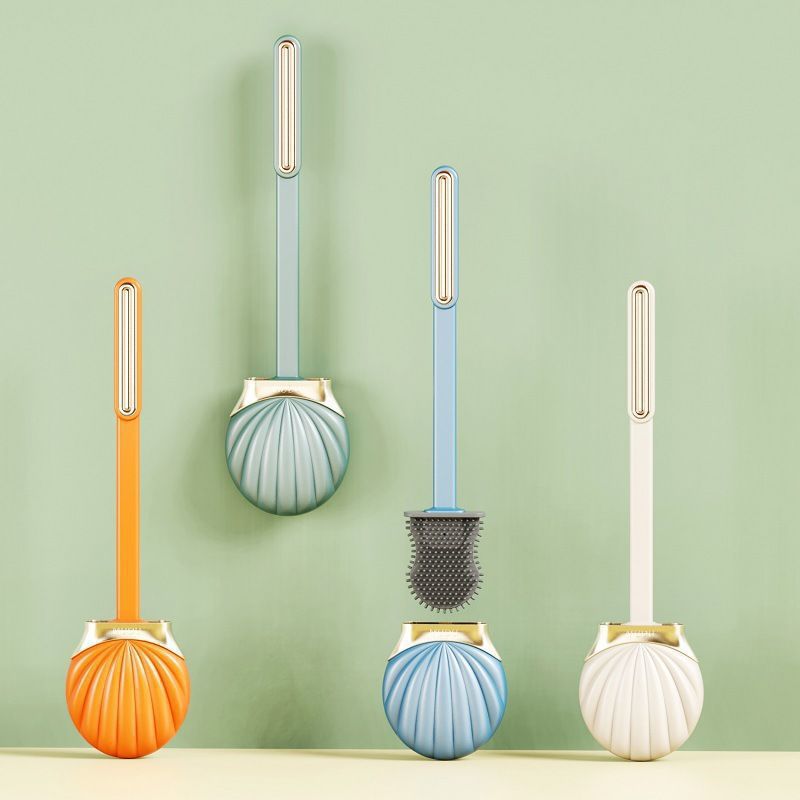 Shell Toilet Brush No Dead Angle Household Punch-Free Toilet Brush Wall-Mounted Bathroom Long Handle Silicone Brush Set