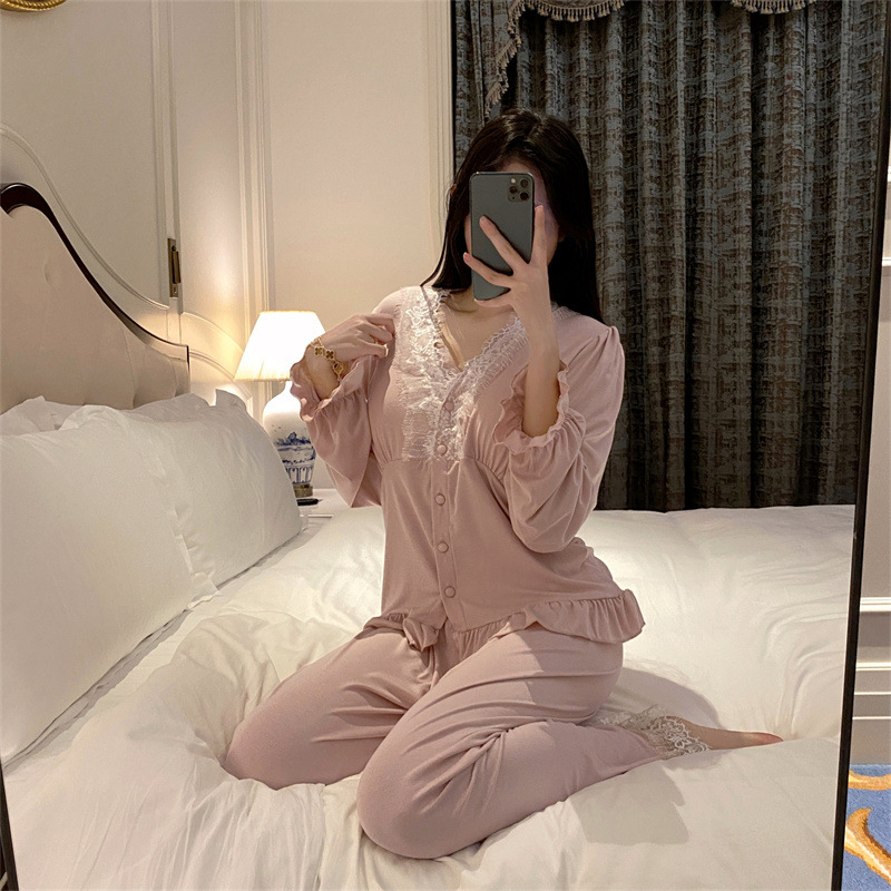 Women's Modal Pajamas with Chest Pad Lace Edge Spring and Summer New Pure Sexy High-Grade Long-Sleeved Homewear Suit