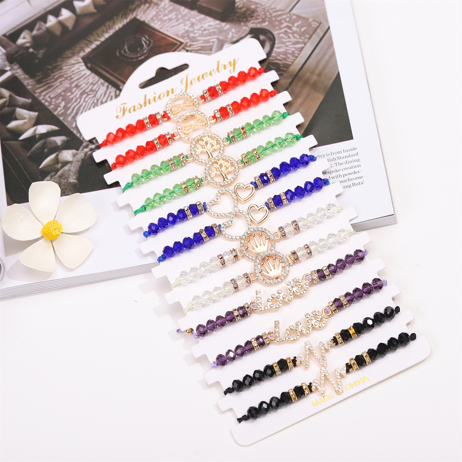 亚马逊跨境货源水晶串珠爱心皇冠合金镶钻手工编织绳手链12条套装