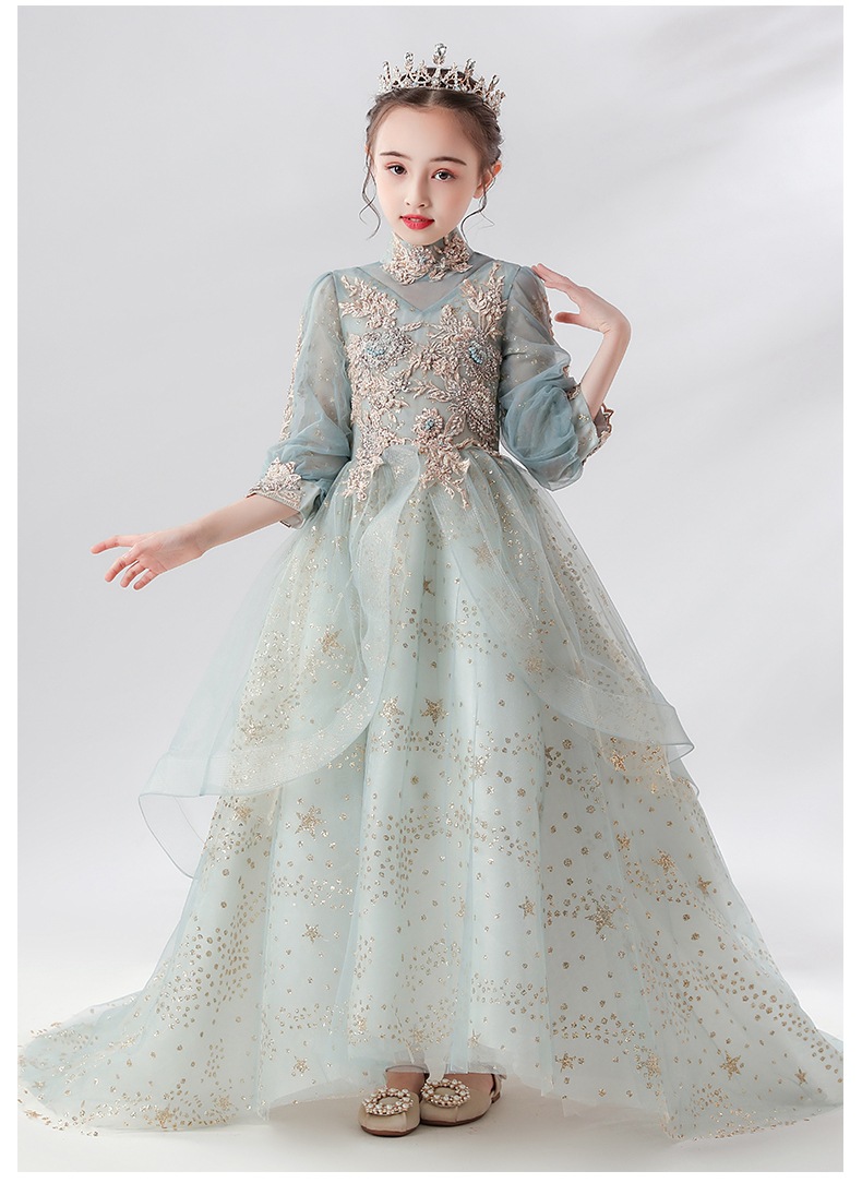 儿童晚礼服花童公主裙女童蓬蓬纱超长婚纱拖尾高端钢琴演出服走秀