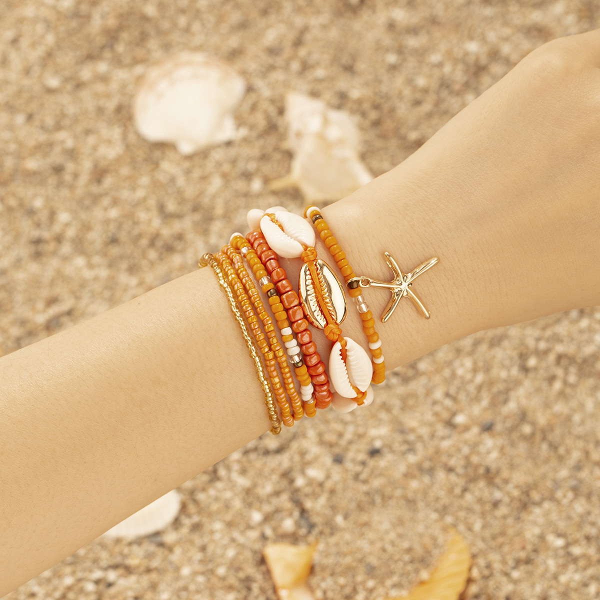 Cross-Border Summer Dopamine Ocean Beach Starfish Shell Beads Bracelet Bohemian Shell Rice Beads Multilayer Bracelet