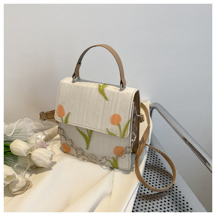 Simple Flower Handbag 2022 Autumn New Fresh Sweet Chain Shoulder Bag Korean Gentle Crossbody Small Square Bag