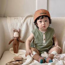 现货韩国童装婴儿连体衣夏款宝宝舒适宽松可爱外出服纯棉无袖短爬