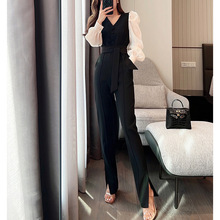 高端女装2022新款黑色长裤法式名媛气质开叉系带高腰连体裤