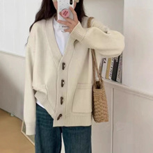 2025高级感V领单排扣毛衣开衫女外套春秋韩版宽松针织衫上衣