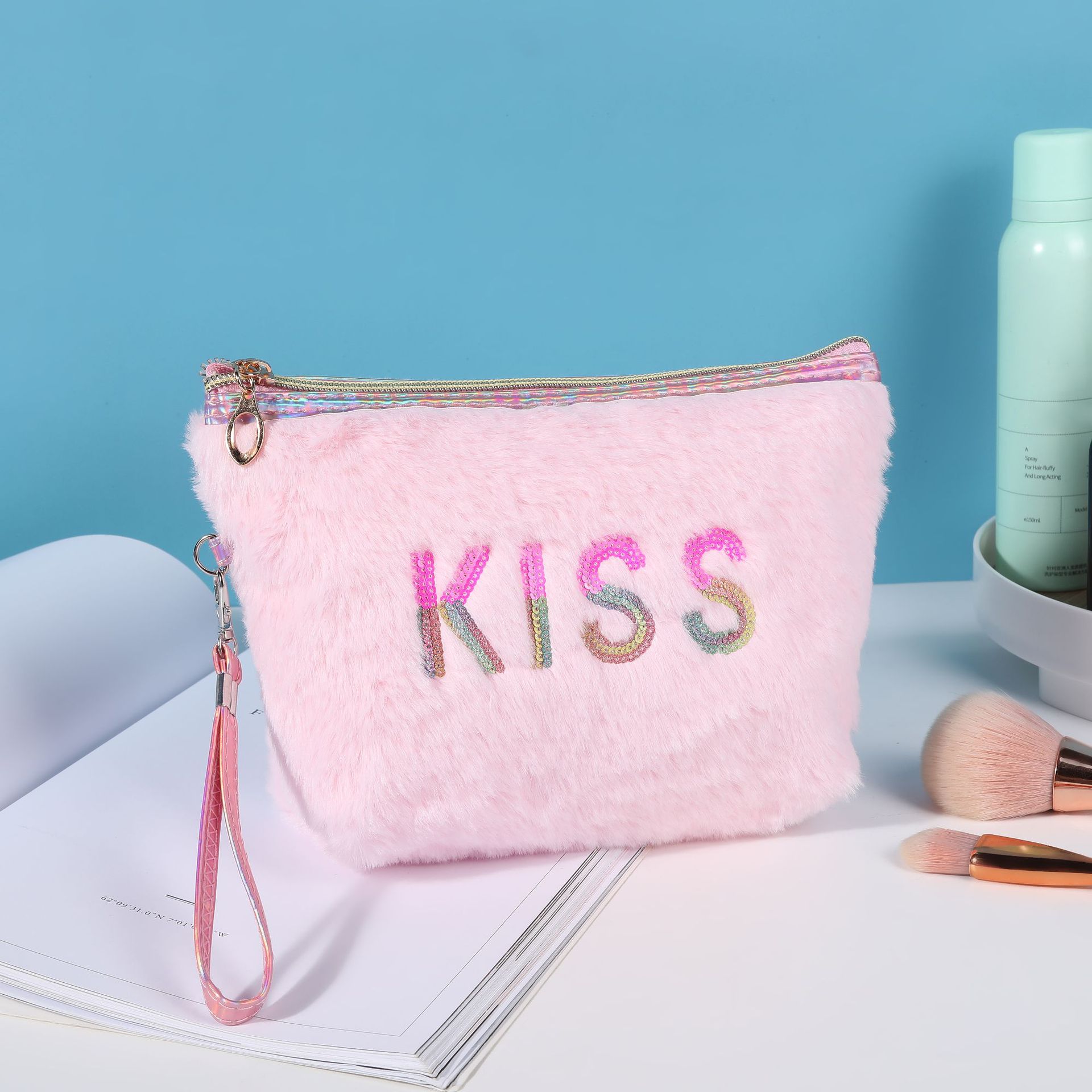 Cute Macaron Color English Cosmetic Bag Large Capacity Plush Wash Bag Hotel Travel Portable Portable Storage Bag