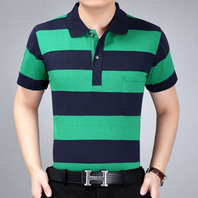 A Large Number of Spot T-Shirt Wholesale Short-Sleeved Men's Lapel Loose Striped Cotton Medium Youth Old Dad Wear Factory Direct Sales