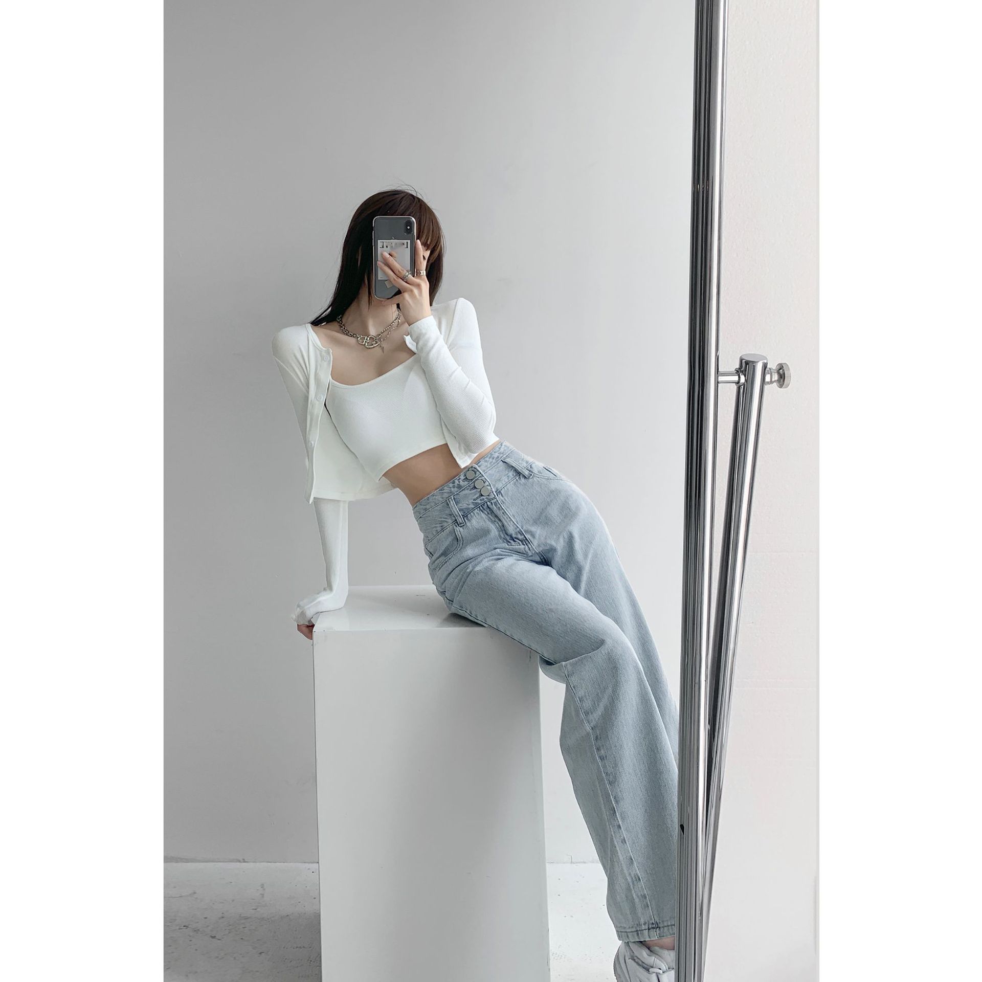   Chic Elegant Retro High Waist Breasted Jeans Women's New oose Drooping Straight-eg Wide-eg Pants Slimming