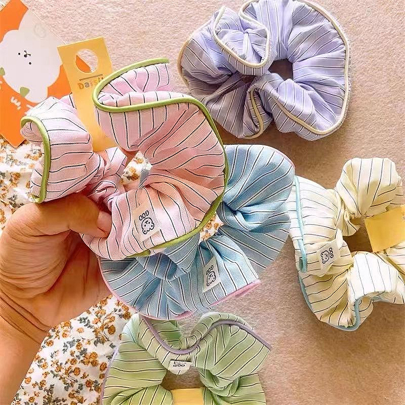 Cream Contrast Color Striped Bear Large Intestine Ring All-Match Headdress Cute Hair Band for Girls Bun High Ponytail Hair Accessories