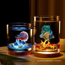 创意斗鱼缸圆形玻璃办公桌小型桌面孔雀鱼缸客厅夜灯加厚小金鱼缸
