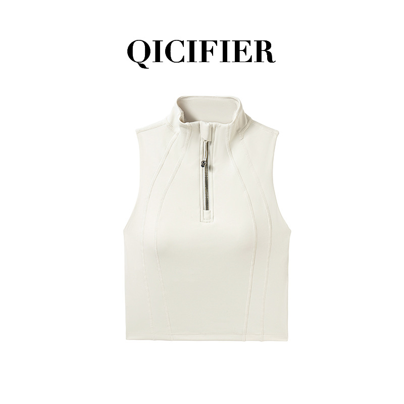 Qcfe Autumn and Winter New Sleeveless Vest Top Yoga Clothes Half Zipper Edging Neckline Design Sports Fitness Inner Wear