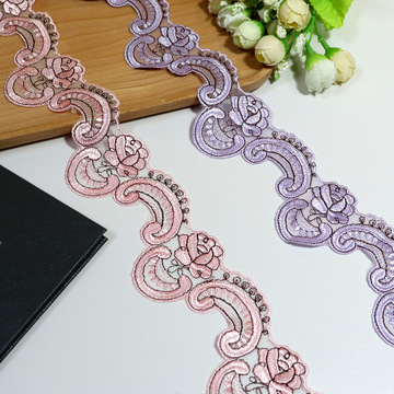 现货网布刺绣蕾丝花边 diy粉色紫色童装网纱花边家居服刺绣辅料