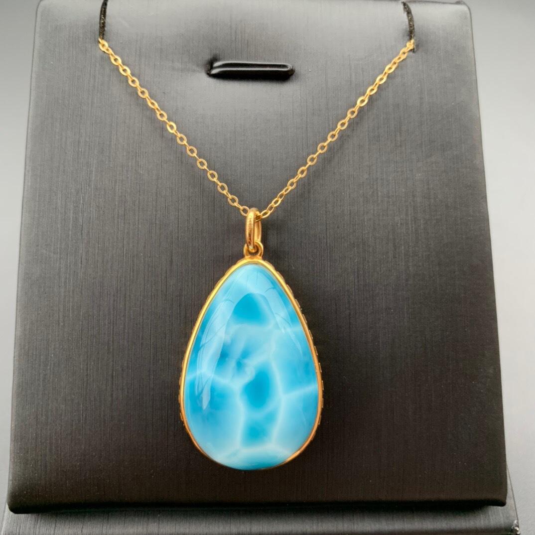 18k金镶嵌海纹石水滴吊坠 伴镶钻石 尺寸35-19-8mm珠宝首饰送女友