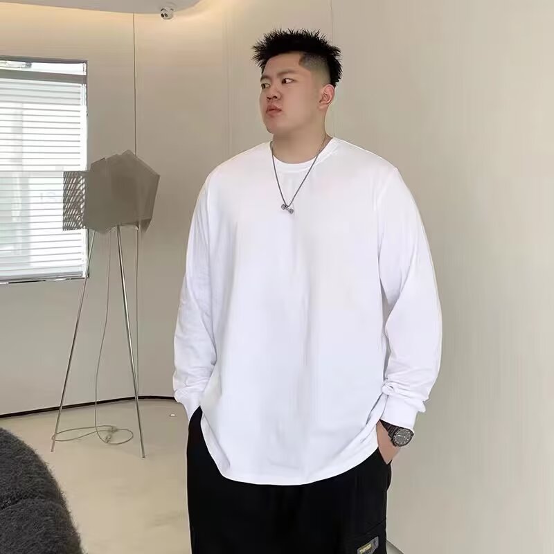 男士长袖t恤加肥加大码圆领宽松弹力男装打底衫春秋季胖子上跨境