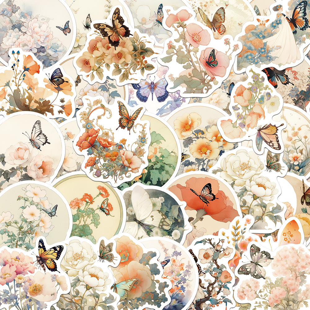 50张文艺蝶恋花素材手账贴纸手机壳文具行李箱笔记防水贴画可批发