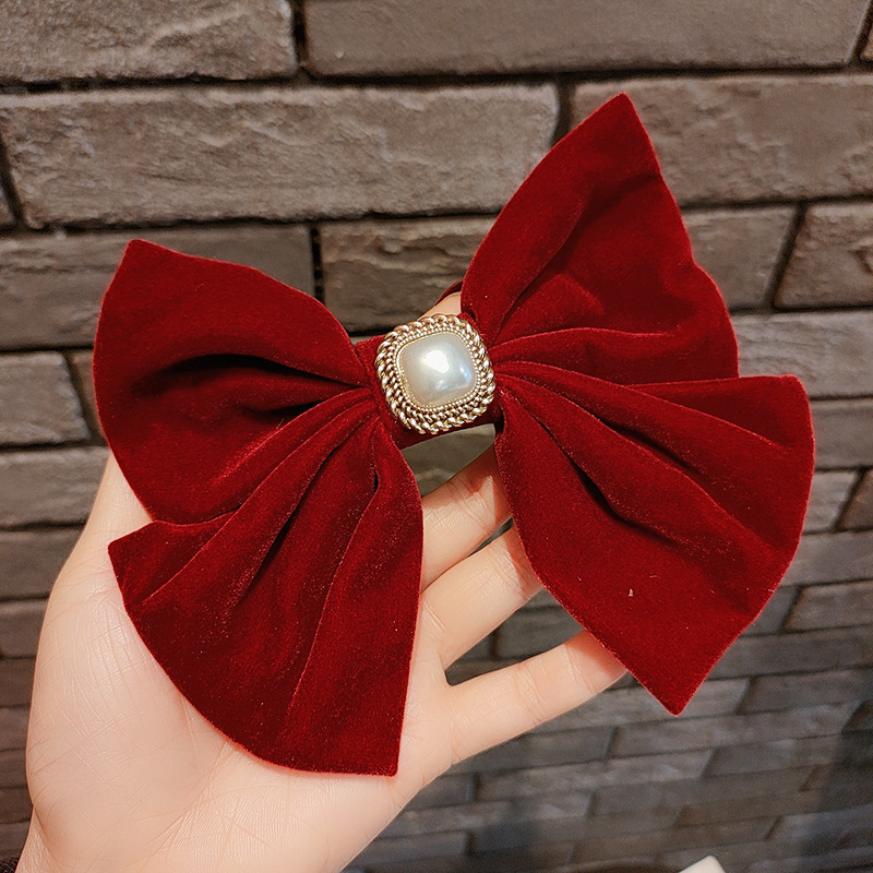 2022 New High-End Hair Accessories Autumn Winter Red Velvet Bow Barrettes Girls' Back Head Clips Hairpin Headdress