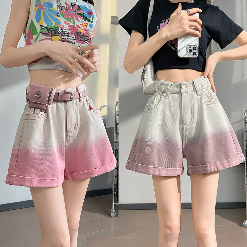 粉色牛仔短裤渐变色款夏ins潮薄款小个子卷边高腰休闲阔腿热裤女