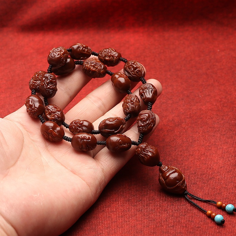 写实小籽玉化橄榄核雕刻单面十八罗汉项链橄榄胡18罗汉长串文玩男