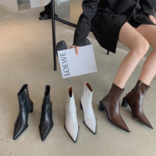 2022年新款韩版女靴细跟尖头侧拉链真皮短靴时尚气质中跟短筒靴子