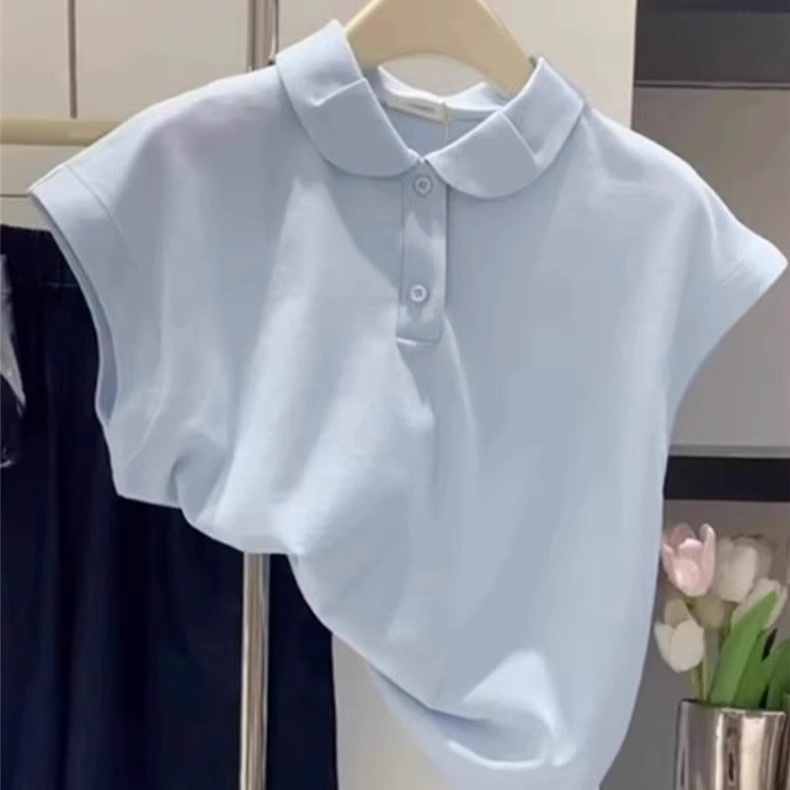 Blue Flying Sleeve Shoulder Short-Sleeved T-shirt Women's Summer 2024 New Preppy Style Loose Polo Collar Short Top
