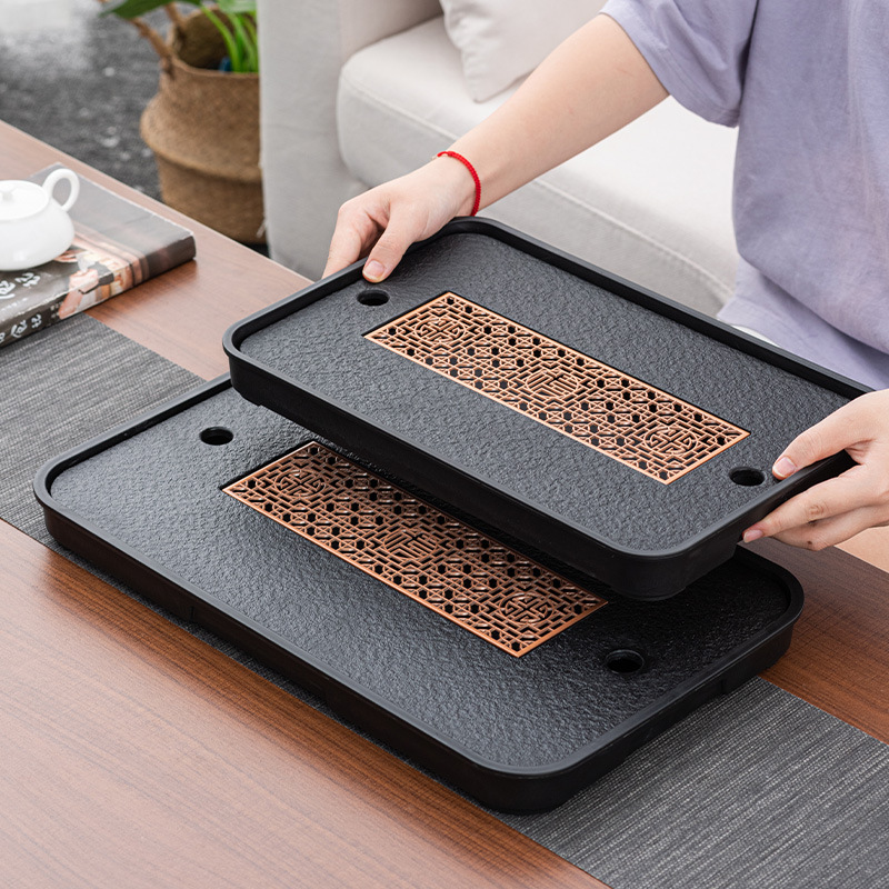 High-End Tea Tray Household Small Imitation Black Stone Tray Kung Fu Tea Set Tea Pitcher Row Water Storage Dual-Use Bamboo Tea Tray Wholesale