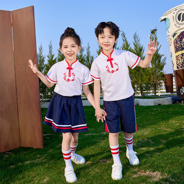 幼儿园园服夏季新款 小学生校服班服 儿童国风印花红色短裙套装