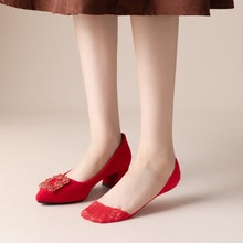 大红蕾丝船袜本命年红色袜子结婚隐形浅口硅胶防滑棉底袜子女