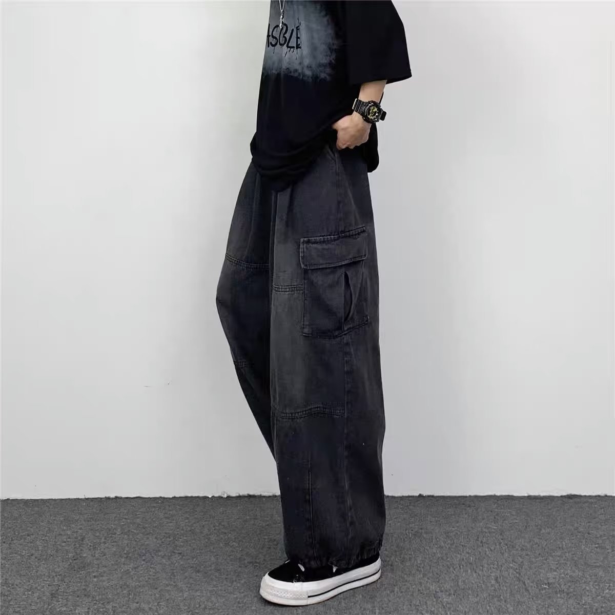 Japanese-Style Retro Wide Leg Large Pocket Overalls Men's Summer New Fashion Brand Ins Neutral Loose Straight Jeans