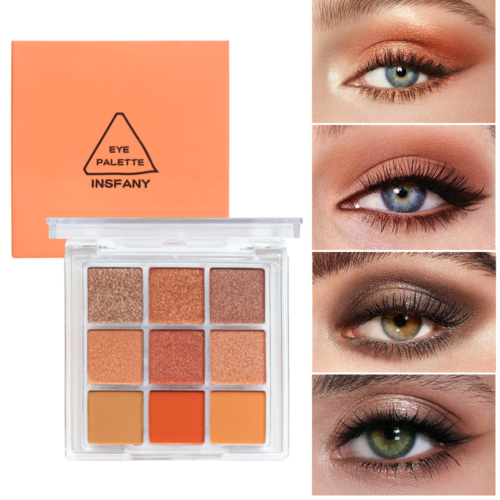 跨境九色眼影橘色日常妆落日红棕防水汗珠光哑光眼影盘彩妆现货