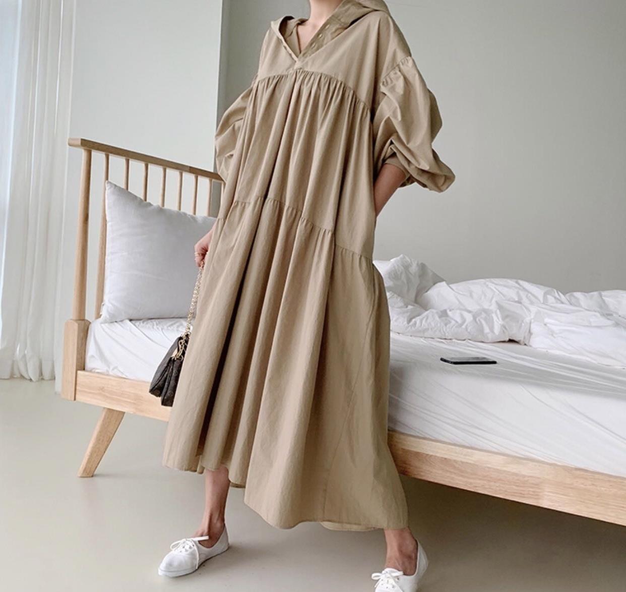 韩国东大门时尚灯笼袖娃娃裙连帽宽松大码连衣裙长款过膝衬衫长裙