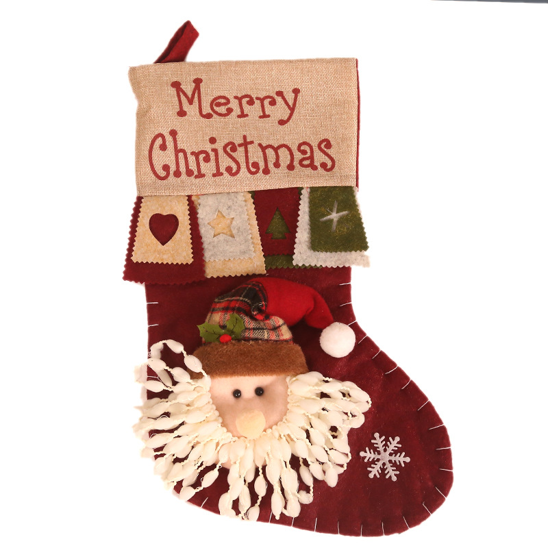 Cross-Border New Arrival Christmas Decorations Linen Printing Creative Cartoon Three-Dimensional Old Man Christmas Stockings Gift Bag Linen Socks