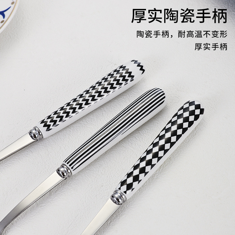 Porcelain Handle Stainless Steel Western Tableware Hepburn Style Simple Black and White Nordic Cross-Border Gift Knife, Fork and Spoon Four-Piece Set