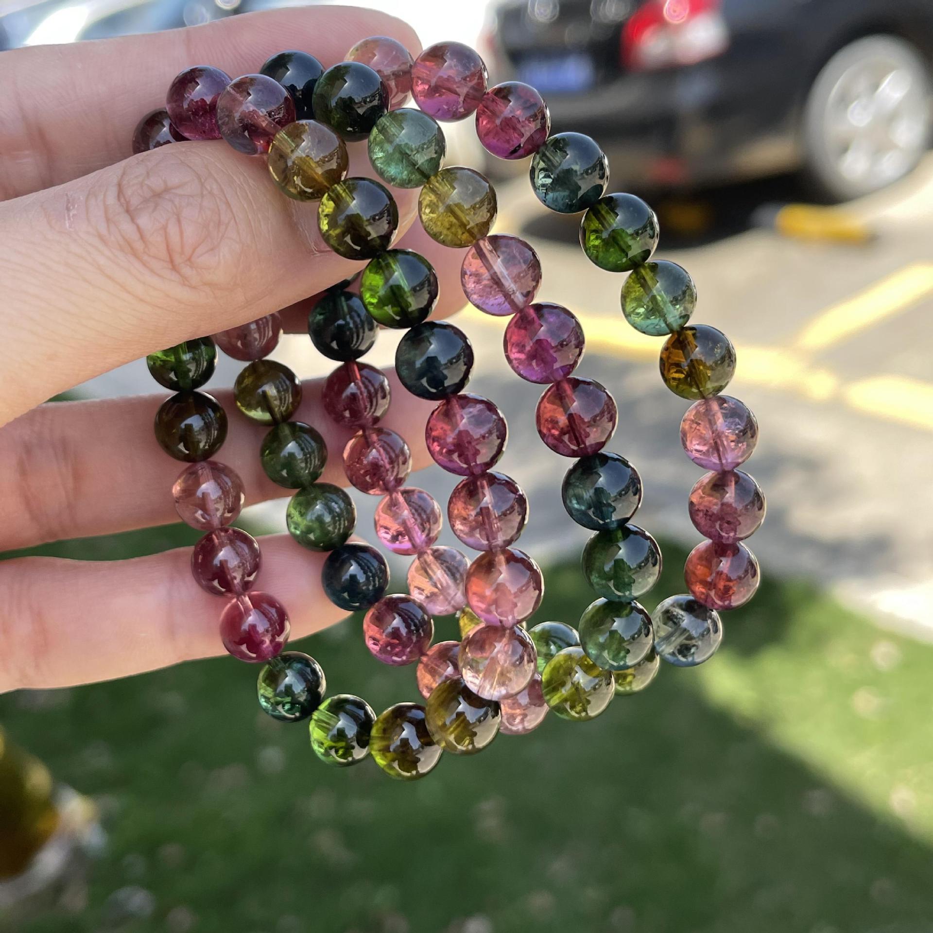 收藏级玻璃体巴西碧玺手链老矿料电气石女款水晶手链彩虹色圆珠