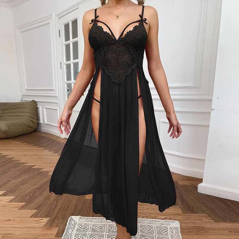 plus Size Sexy Mesh Deep V Lace Pajamas Side Slit Suspender Skirt Extended Home Wear Nightdress Women's Suit 413