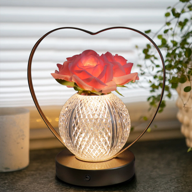 新款心形玫瑰小夜灯手提灯led仿真花盆氛围装饰台灯桌面摆件跨境