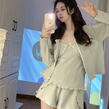 夏季纯欲少女甜美减龄吊带短裤外套三件套家居服睡衣