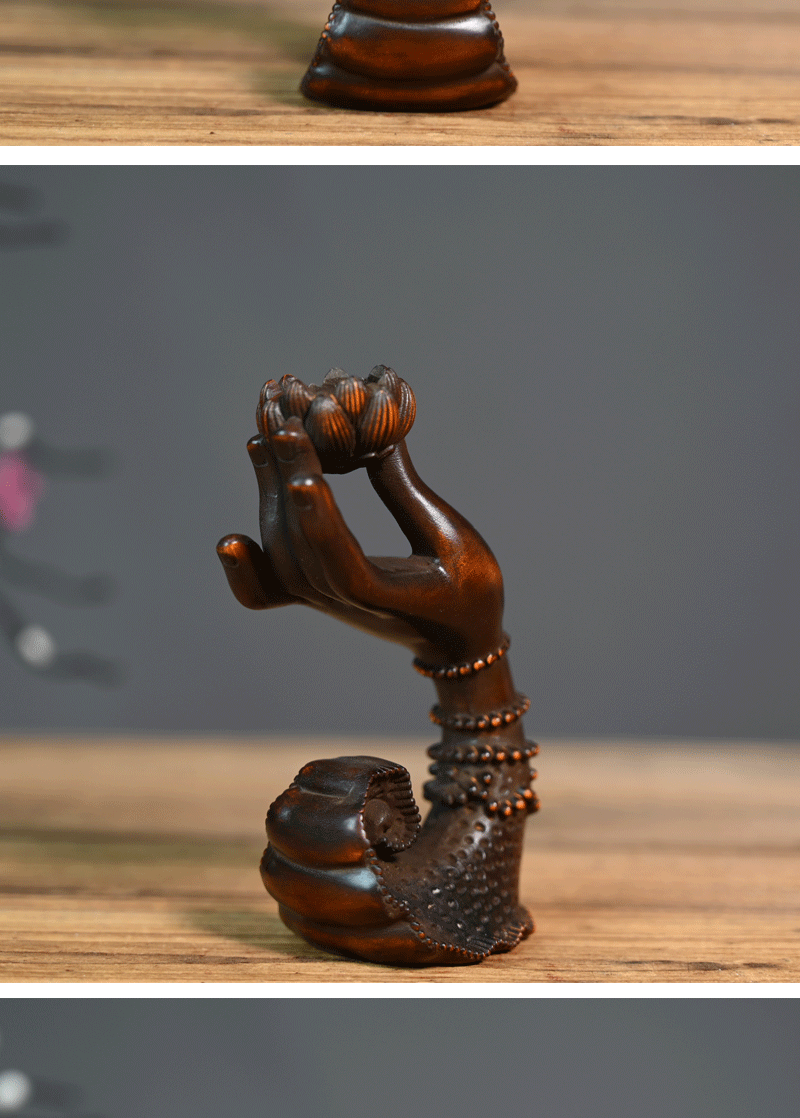 黄杨木仿古莲花佛手倒流香实心手香托香架菩萨佛祖香炉意境摆件