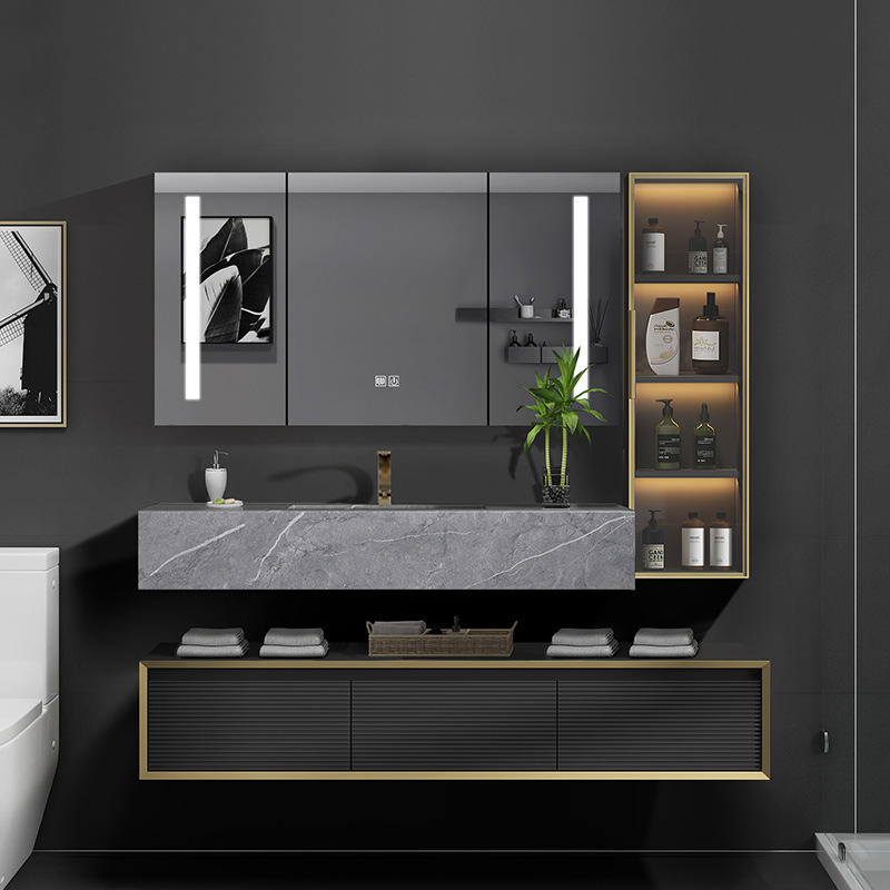 岩板浴室柜组合智能镜柜现代简约一体卫生间洗脸洗漱台盆定制橡木