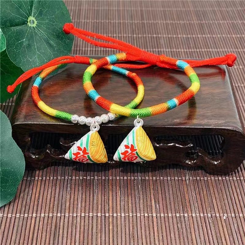 Sterling Silver S999 Silver Zongzi Dragon Boat Festival Colorful Rope Woven Silver Bracelet Children's Baby Bracelet Necklace Activity Gift