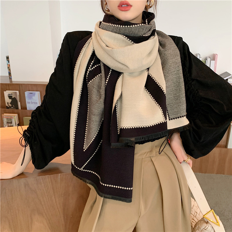 New Large V-Shaped Shawl Warm Thickened Double-Sided Artificial Cashmere Scarf Women's Korean-Style Office Air Conditioning Shawl Scarf