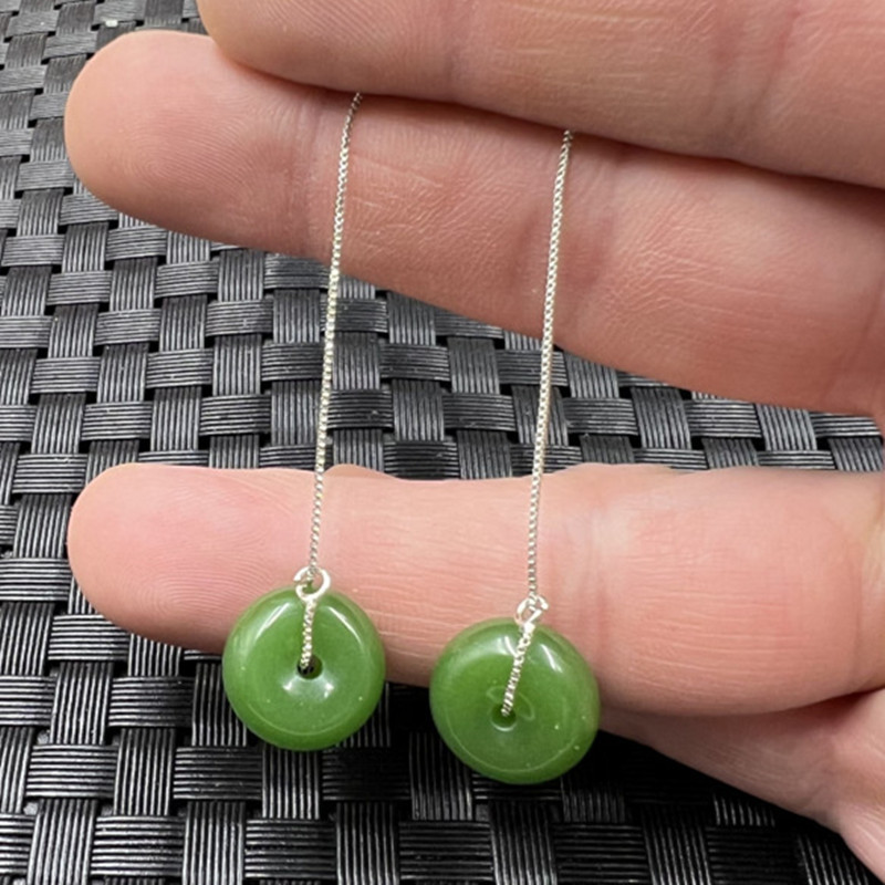 新疆和田外蒙料玉扣耳环仿碧玉玉钱扣耳钉仿玉石耳坠玉耳饰耳线